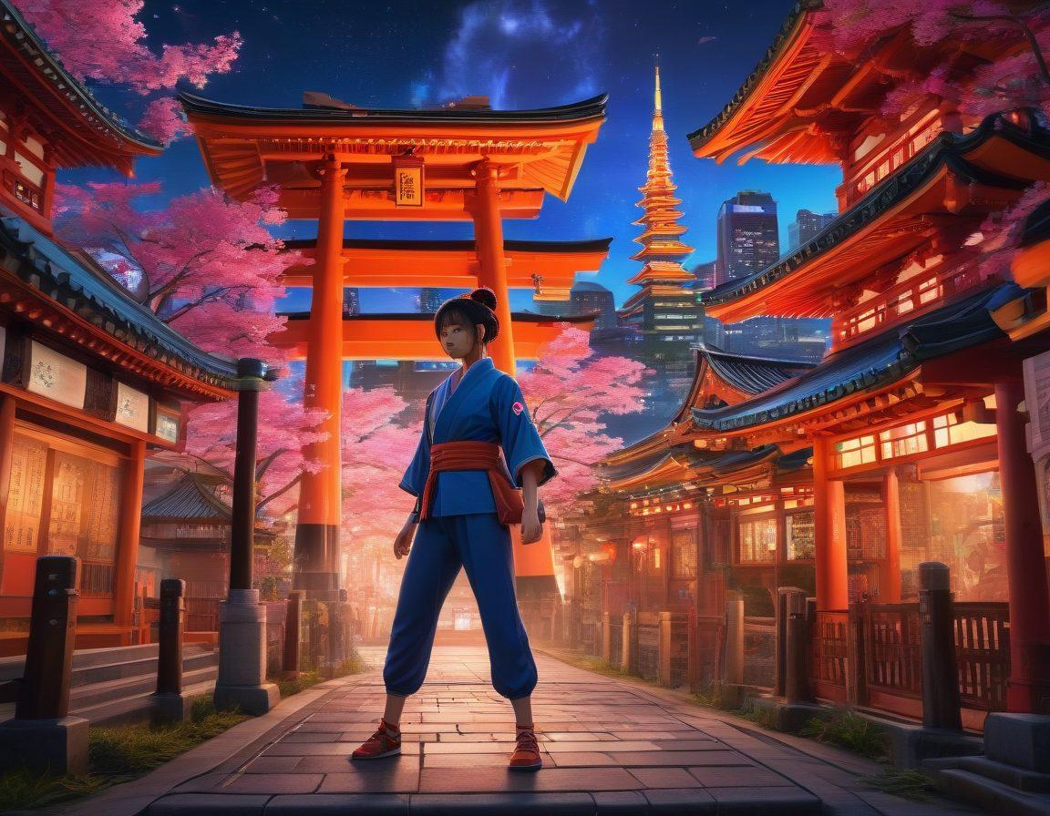 A vibrant collage showcasing iconic anime characters blended seamlessly with popular video game heroes, surrounded by cultural symbols from Japan and various global influences. The background features a colorful cityscape that merges traditional Japanese architecture with futuristic gaming elements, highlighting the connection between cultures. Dynamic action poses and expressive facial features should emphasize energy and diversity. super-realistic. vibrant colors. 3D.