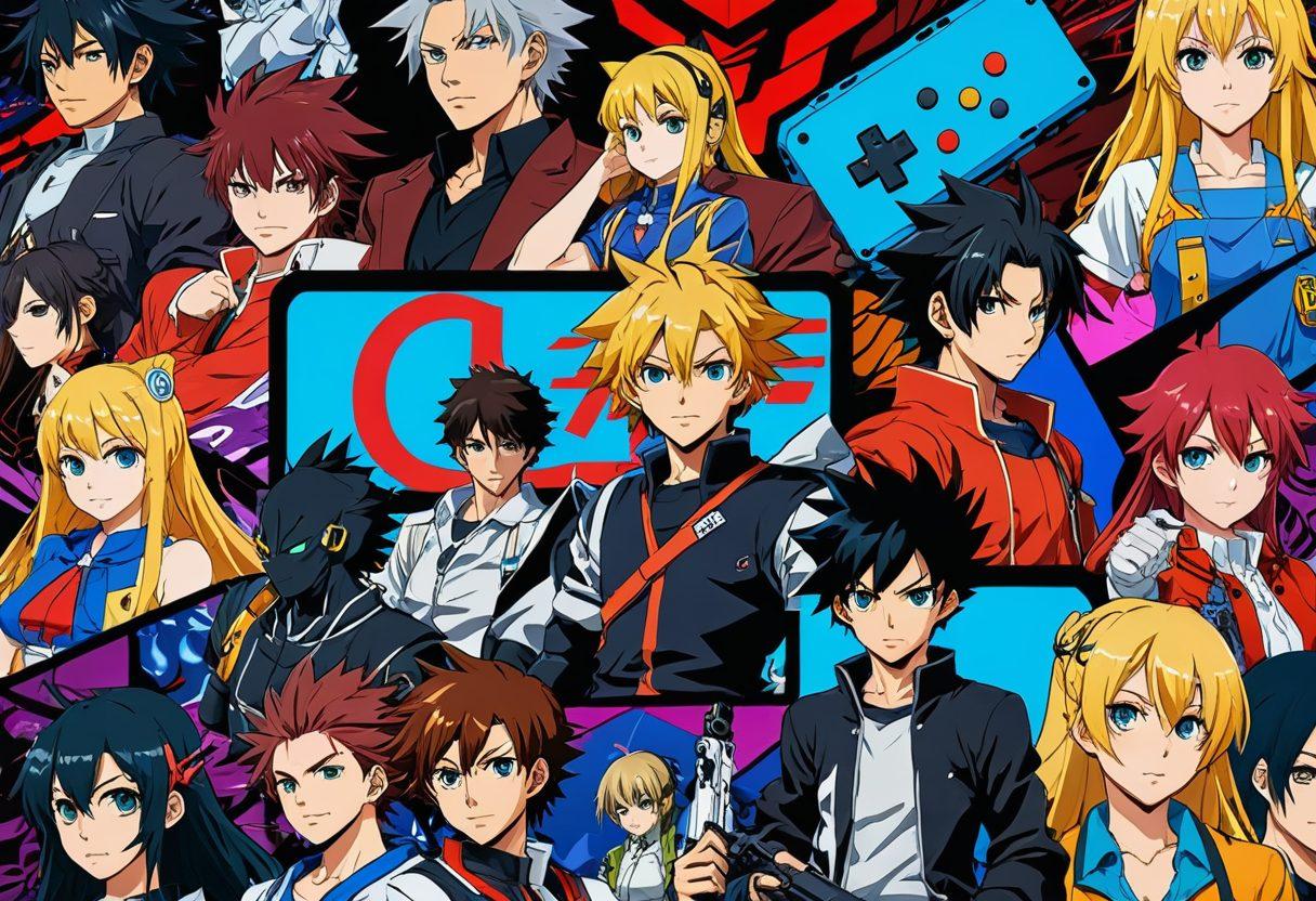 A dynamic collage showcasing iconic anime characters transforming into game avatars, set against a vibrant gaming environment filled with consoles, controllers, and colorful manga panels. The scene should evoke excitement and creativity, blending traditional anime art styles with modern gaming aesthetics. Include elements like pixelated effects and action-packed game scenery. hyper-realistic. vibrant colors. manga-inspired. 3D.